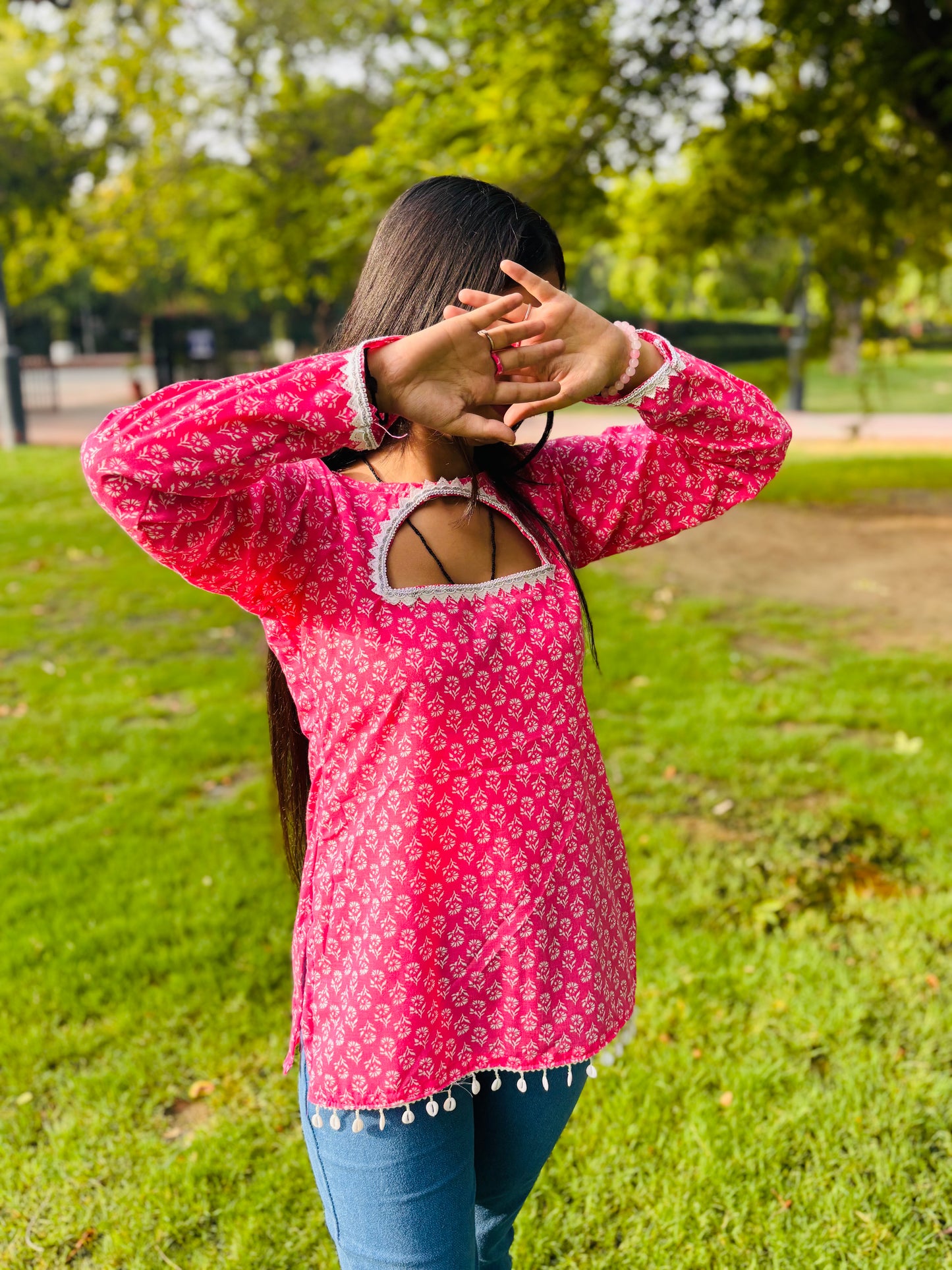 Pink Printed Cotton Kurti with Keyhole Neck & Lace Detailing