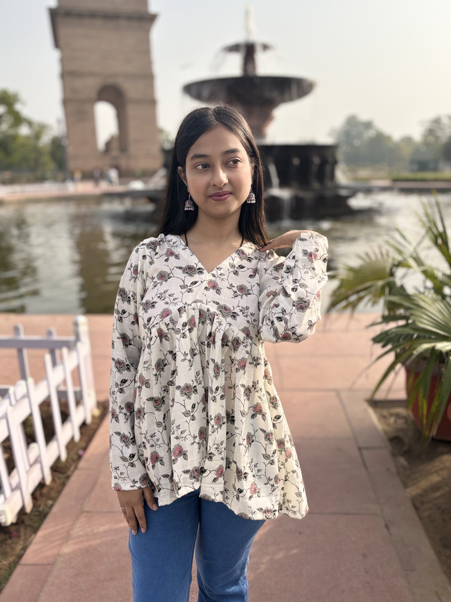 White Floral Cotton Kurti Top with Peplum Fit & V-Neck