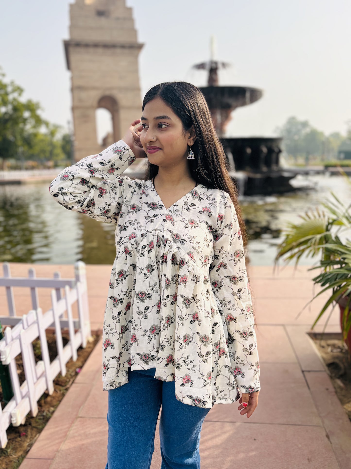 White Floral Cotton Kurti Top with Peplum Fit & V-Neck