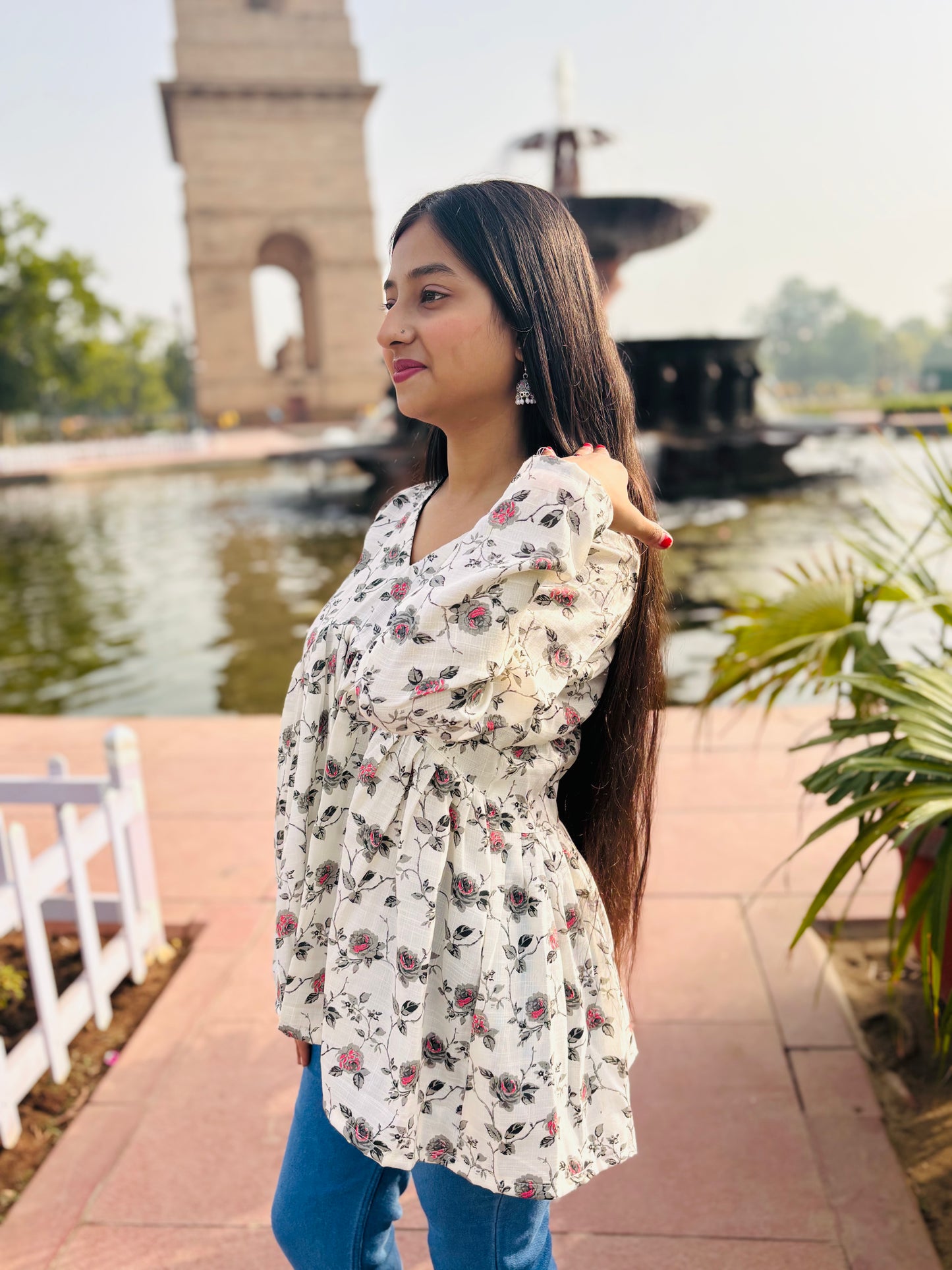 White Floral Cotton Kurti Top with Peplum Fit & V-Neck