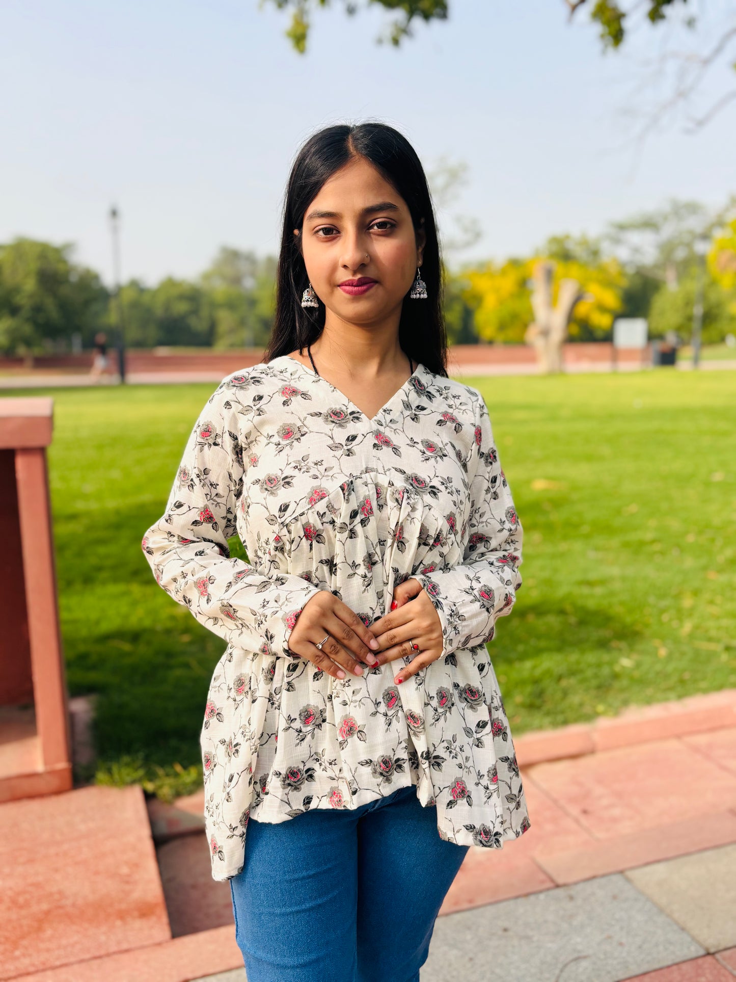White Floral Cotton Kurti Top with Peplum Fit & V-Neck