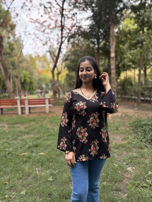 women floral rayon printed kurti styled back design with deep neck kurti
