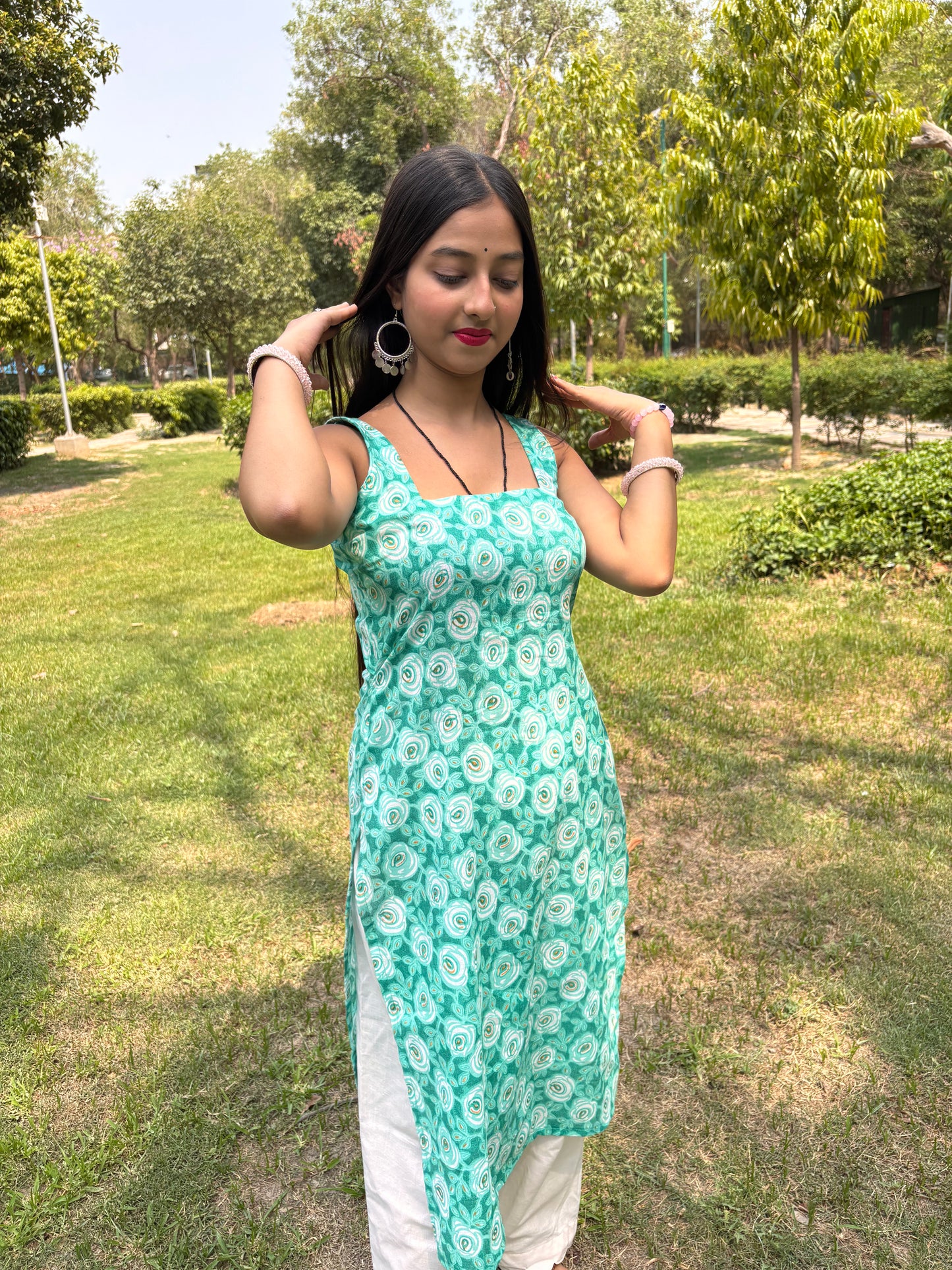 pure cotton flowers printed ethnic deep back design long kurti