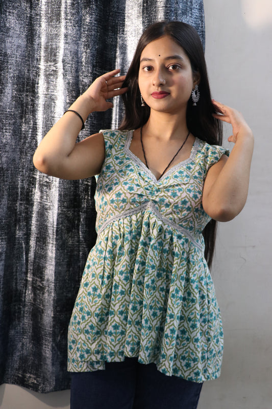 floral printed w- neck straight short kurti