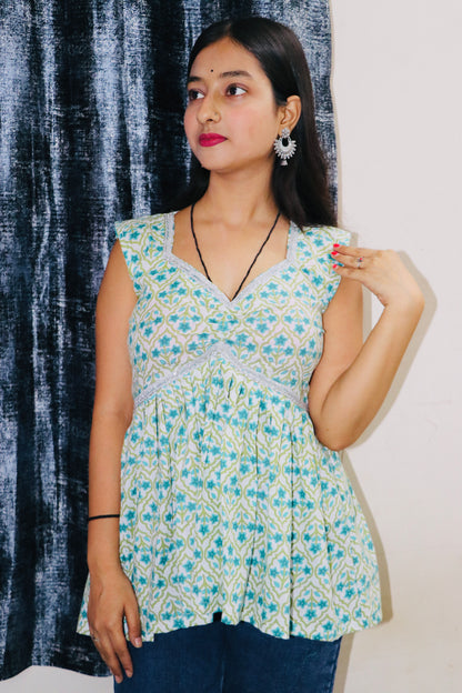 floral printed w- neck straight short kurti