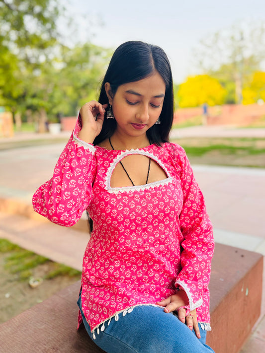 Pink Printed Cotton Kurti with Keyhole Neck & Lace Detailing