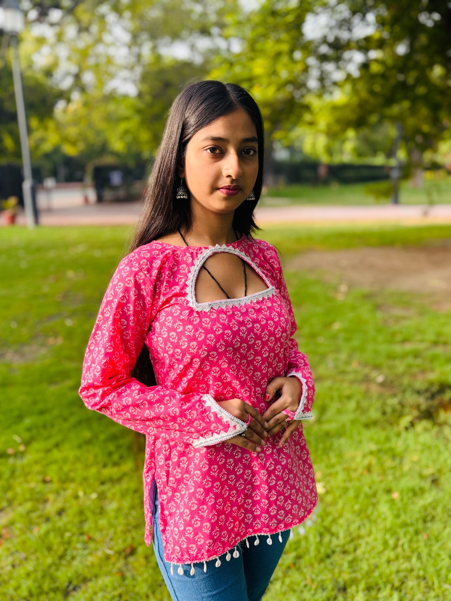Pink Printed Cotton Kurti with Keyhole Neck & Lace Detailing