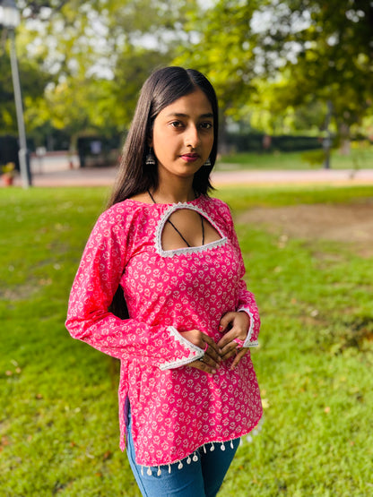 Pink Printed Cotton Kurti with Keyhole Neck & Lace Detailing