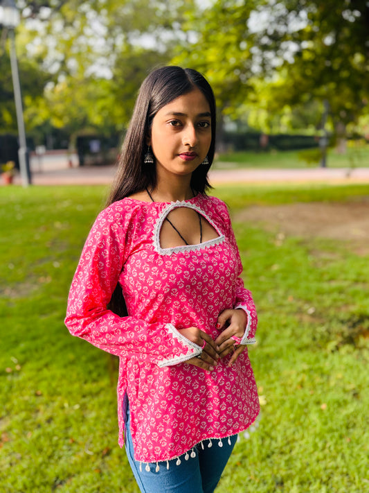 Pink Printed Cotton Kurti with Keyhole Neck & Lace Detailing
