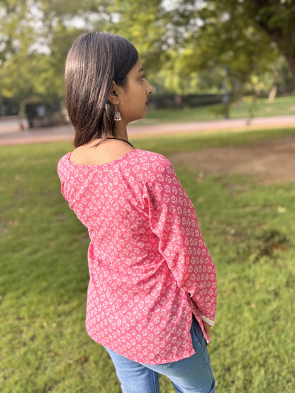 Pink Printed Cotton Kurti with Keyhole Neck & Lace Detailing