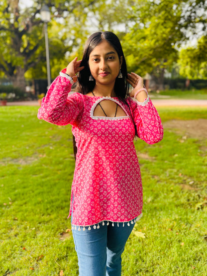 Pink Printed Cotton Kurti with Keyhole Neck & Lace Detailing
