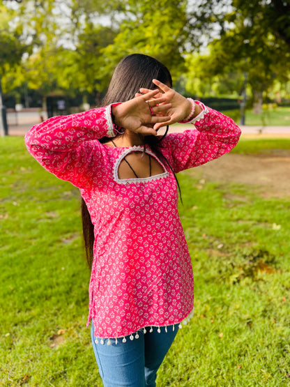 Pink Printed Cotton Kurti with Keyhole Neck & Lace Detailing