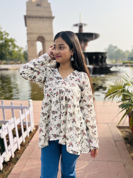 White Floral Cotton Kurti Top with Peplum Fit & V-Neck