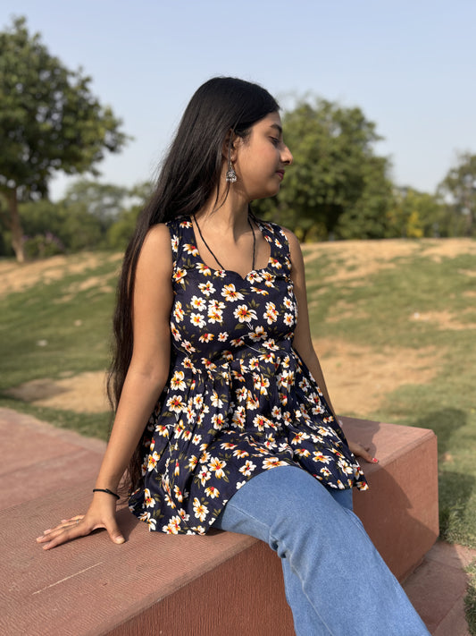 women floral rayon printed kurti styled back design with deep neck kurti